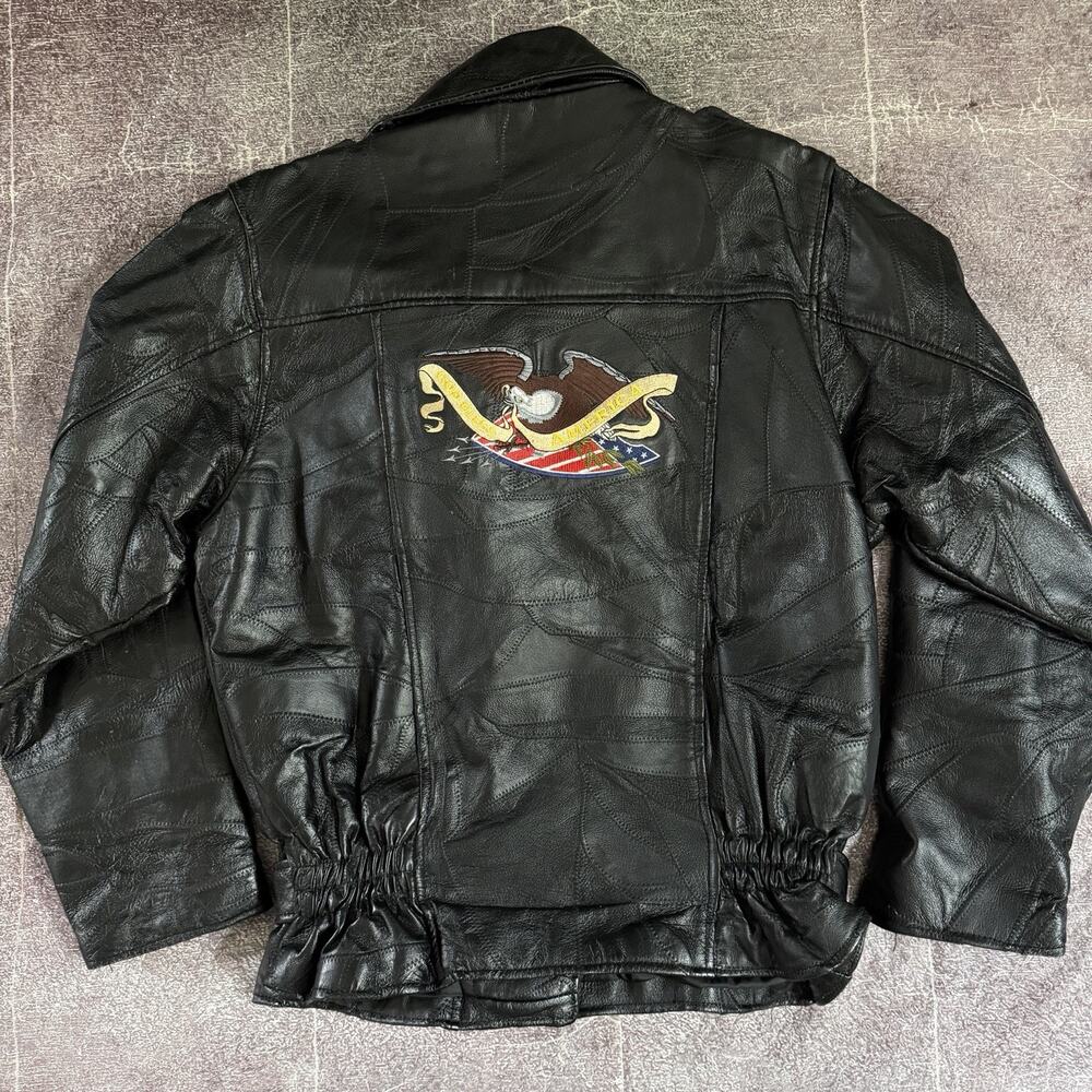 Women's Vintage 90's Black Leather Patchwork Eagle Zip Up Motorcycle Jacket Sz L - Picture 5 of 5